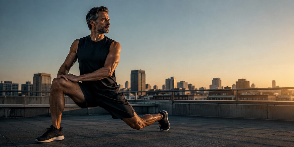 Physician-supervised man training outdoors at sunrise