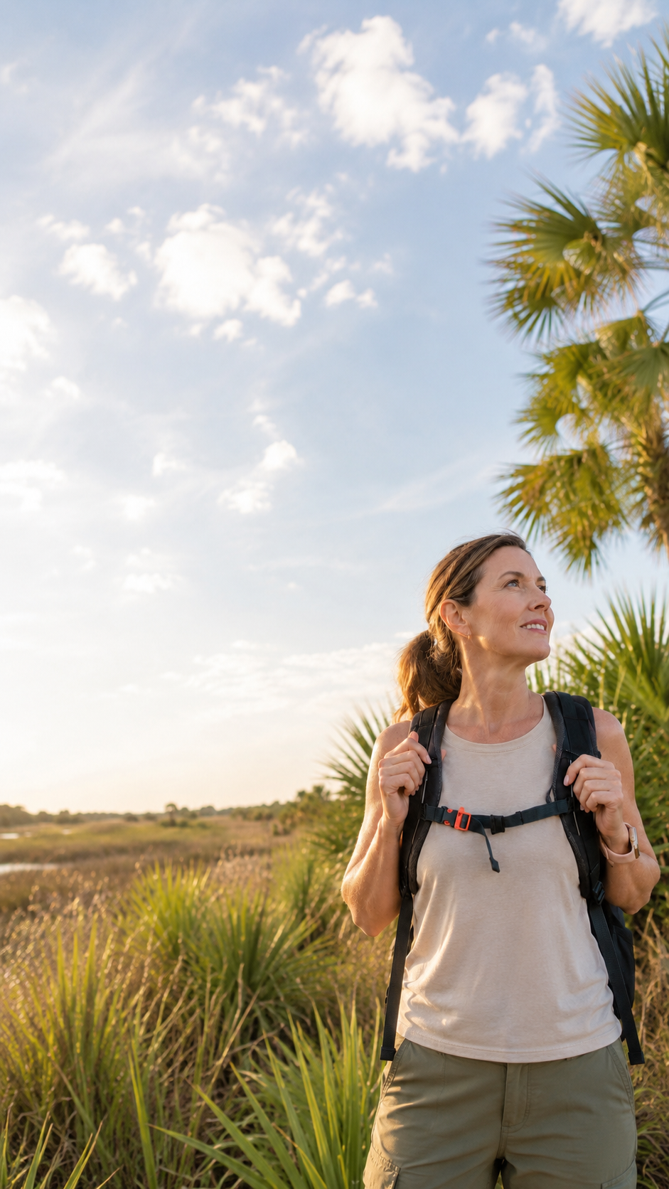 Woman hiking outdoors in a sunlit park, representing vitality and women's health at BioDesign Clinic