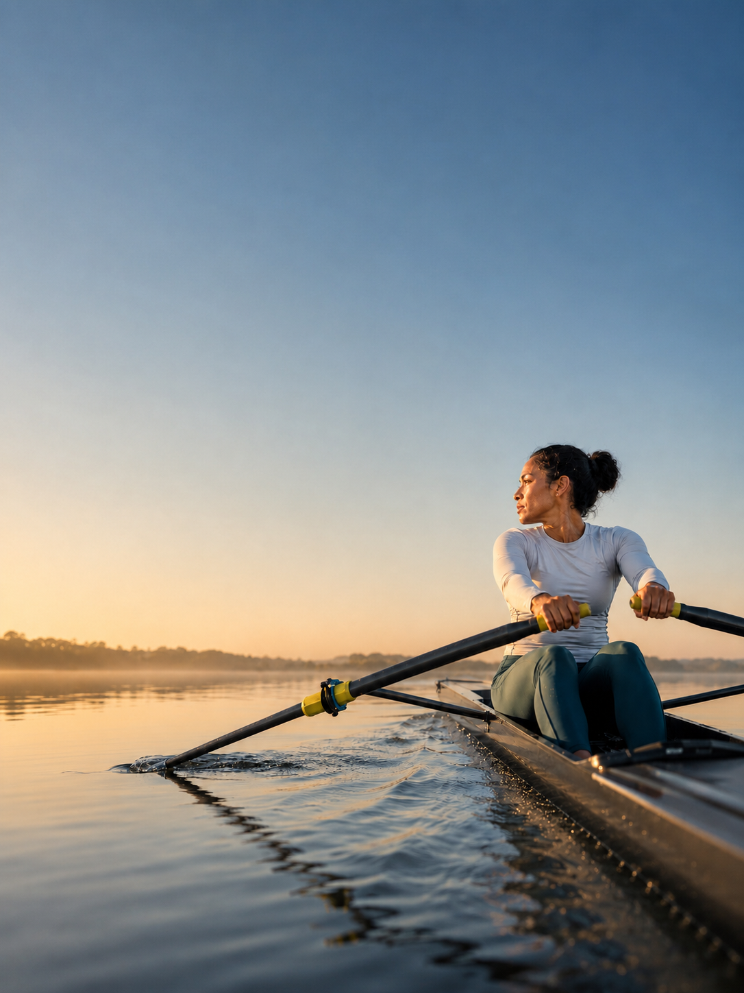 Woman rowing at sunrise, representing thyroid and adrenal health at BioDesign Clinic